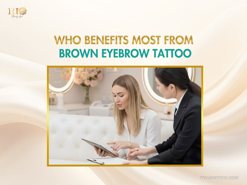 Professional consultation at Rio Beauty Spa explaining who benefits most from a brown eyebrow tattoo.