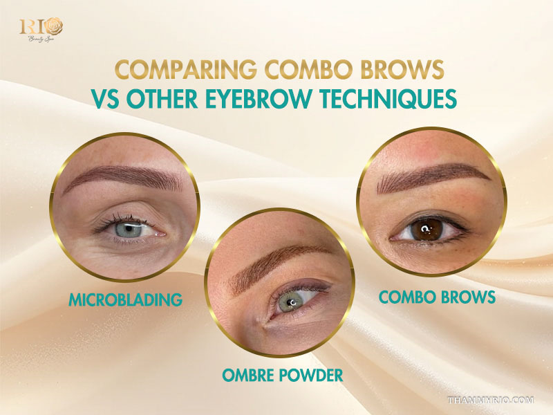 Comparison of microblading, ombre powder, and combo brows techniques.