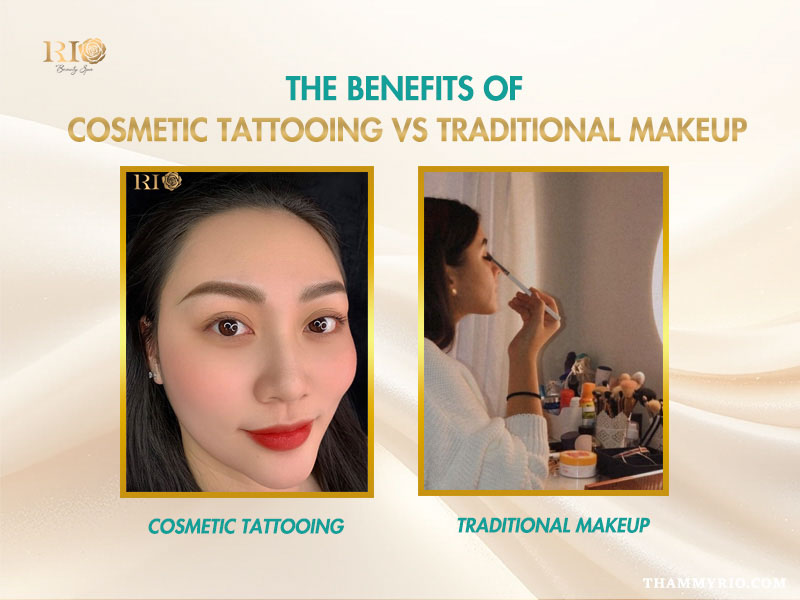 A comparison infographic showing the life-changing benefits of cosmetic tattoo versus the time-consuming daily makeup routine.