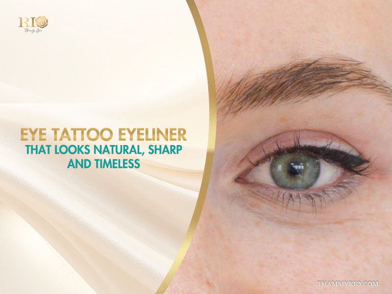 Professional eye tattoo eyeliner on a woman with green eyes for a natural and sharp look.