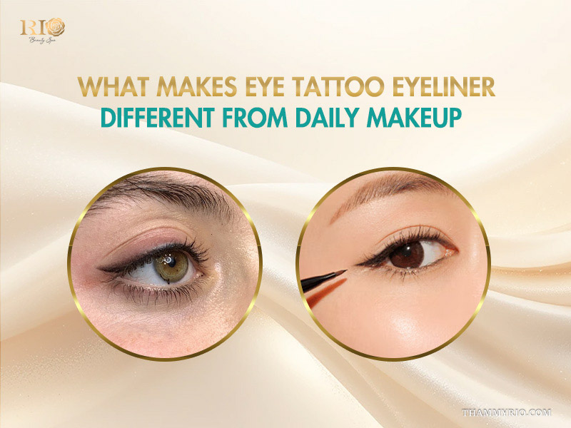 Comparison between professional eye tattoo eyeliner and daily makeup application.