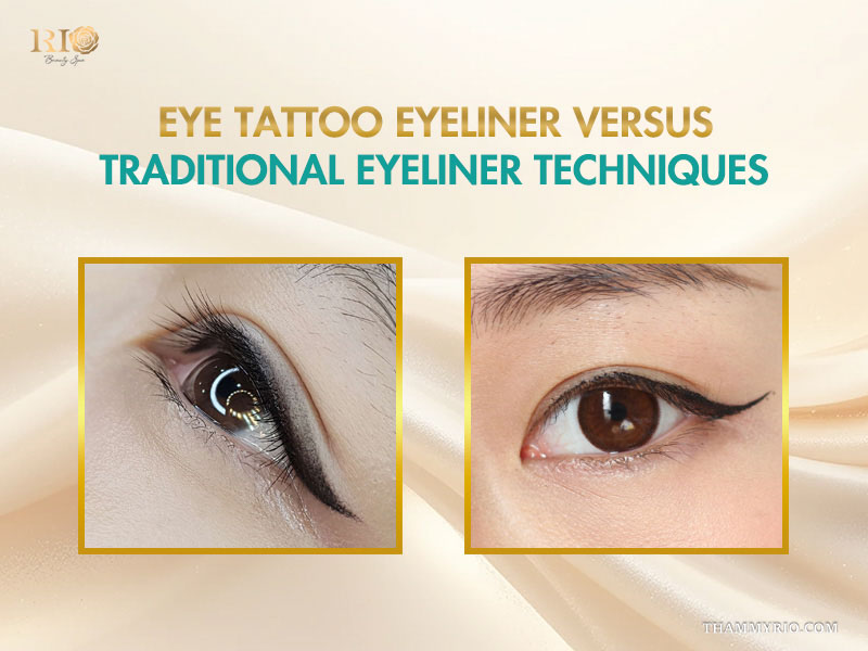 Comparison between eye tattoo eyeliner and traditional eyeliner techniques on two different eyes.