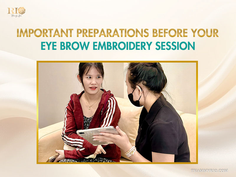 A professional consultant explaining important preparations to a client before an eyebrow embroidery session.