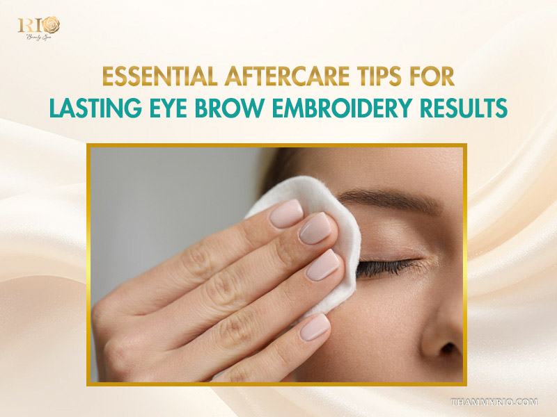 Close-up of a woman gently cleaning her brow area as part of essential aftercare tips for lasting eyebrow embroidery results.