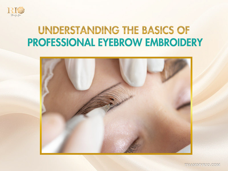 Close-up of a technician performing the micro-needling process to create natural hair strokes in eyebrow embroidery.