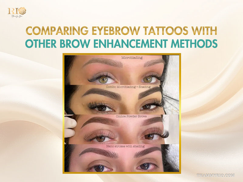 Comparison of eyebrow tattoos for women including microblading, combo shading, ombre powder, and nano strokes.