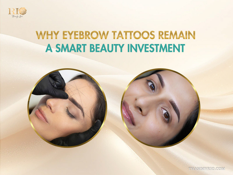 Professional mapping and final results of eyebrow tattoos for women at Rio Beauty Spa.