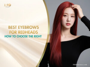 Professional guide on choosing the best eyebrows for redheads with a model featuring dark red hair.