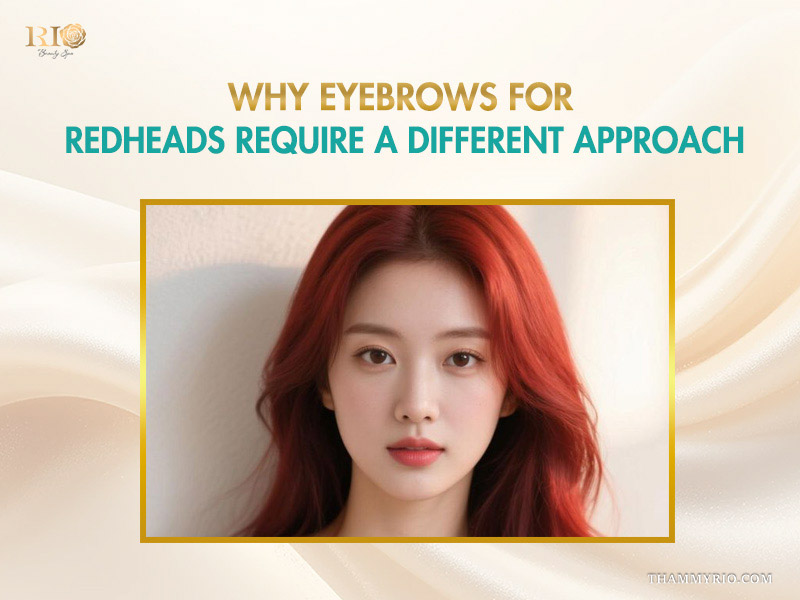 A model with ginger hair explaining why eyebrows for redheads require a different approach in beauty styling.
