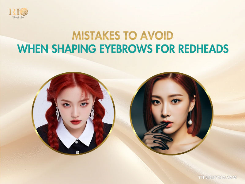 Common mistakes to avoid when shaping eyebrows for redheads featuring two models with vibrant red hair.