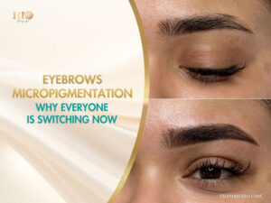 Close-up before and after results of eyebrows micropigmentation showing natural hair strokes and enhanced shape.