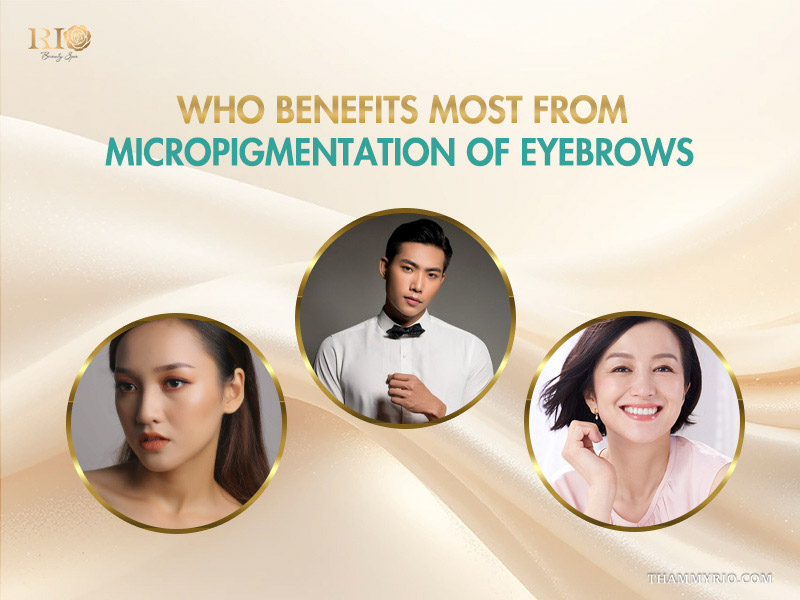 Portraits of diverse men and women who benefit most from eyebrows micropigmentation.