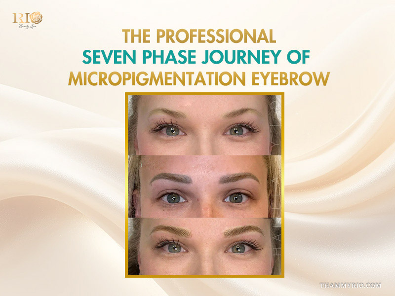 Three-stage comparison showing the professional seven phase journey of eyebrows micropigmentation healing.