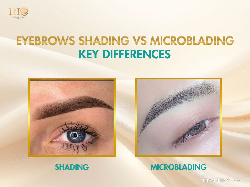 Comparison between eyebrows shading and microblading showing the difference between powder effect and hair strokes.