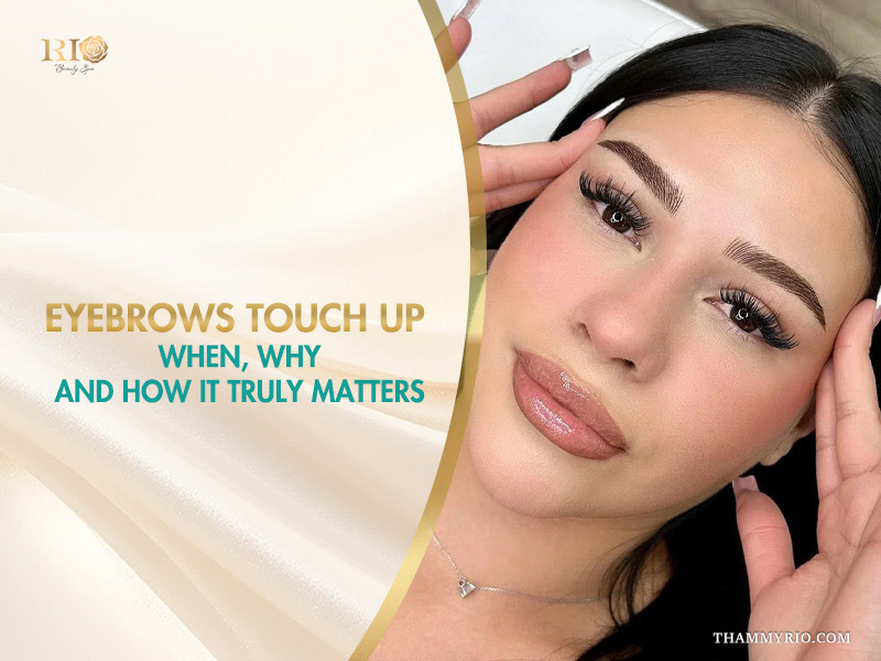 A woman showing her professionally microbladed eyebrows after an eyebrows touch up session at Rio Beauty Spa.