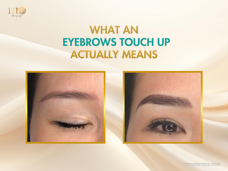 Before and after comparison of an eyebrows touch up showing faded pigment versus restored color and definition.