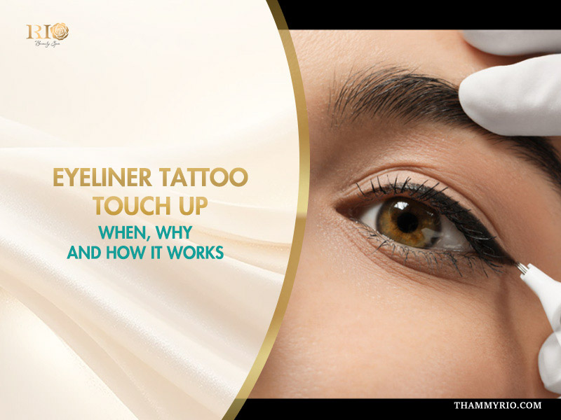 Professional eyeliner tattoo touch up procedure being performed on a client's upper eyelid.