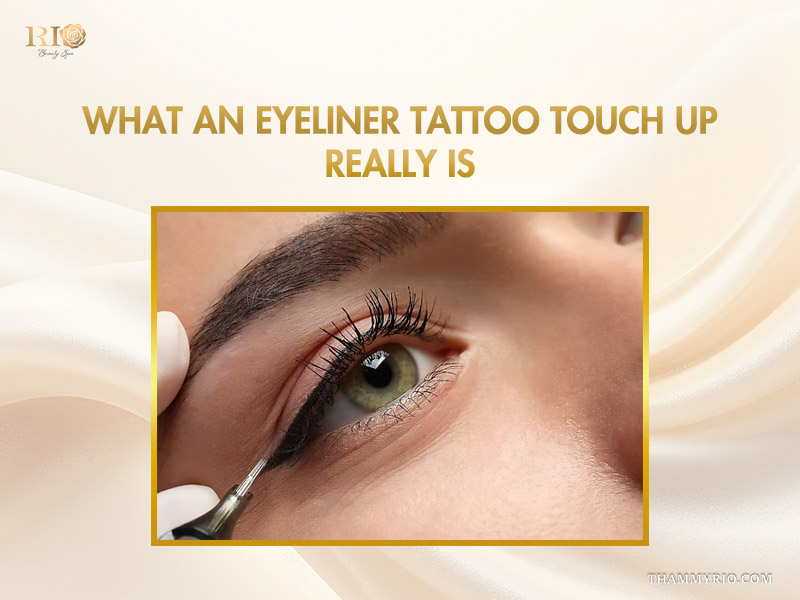 Close-up of a detailed eyeliner tattoo touch up procedure clarifying what the treatment involves.