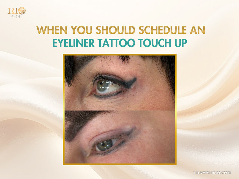 Comparison of faded permanent eyeliner showing when to schedule an eyeliner tattoo touch up.