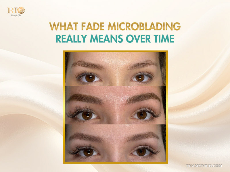 Three-stage comparison of how microbladed eyebrows naturally fade over time on a woman's face.