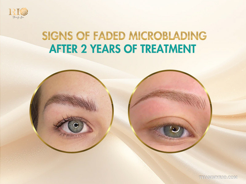 Comparison of microbladed eyebrows showing the natural fade microblading effect over a two-year period.