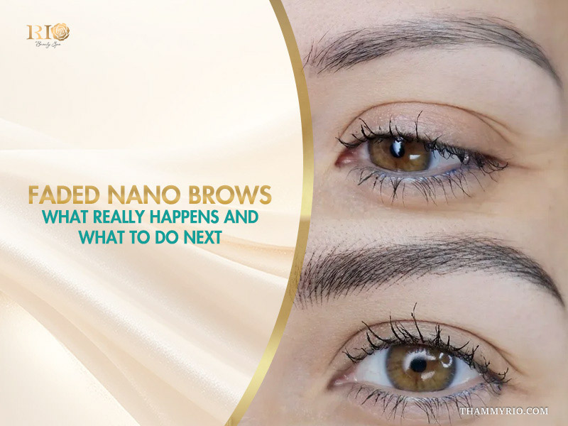 Before and after comparison of faded nano brows restoration at Rio Beauty Spa.