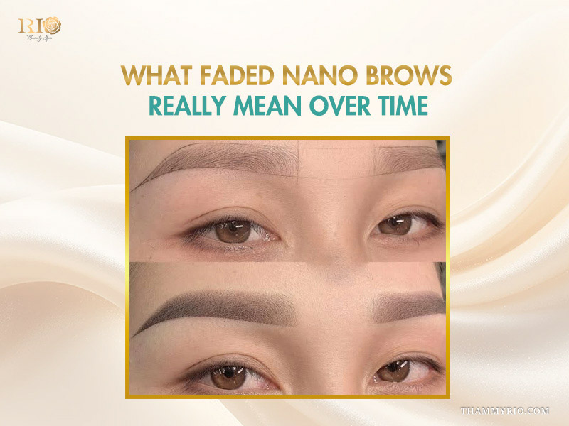 Long-term appearance of faded nano brows and professional color correction results.