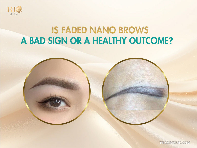 Comparison between healthy faded nano brows and undesirable pigment blurring.