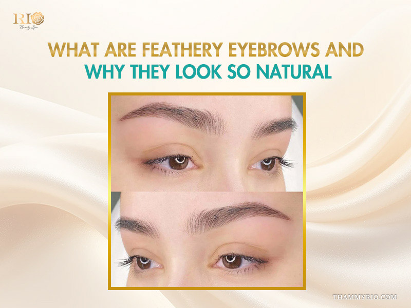Close up of feathery eyebrows showing detailed hair strokes for a natural look.