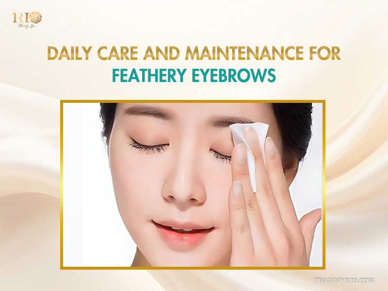 Woman gently cleaning her feathery eyebrows with a cotton pad for daily maintenance.