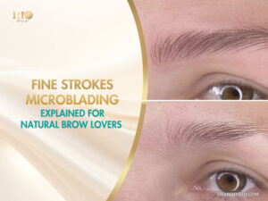 Fine strokes microblading technique showing natural hair-like patterns on a client's eyebrow.