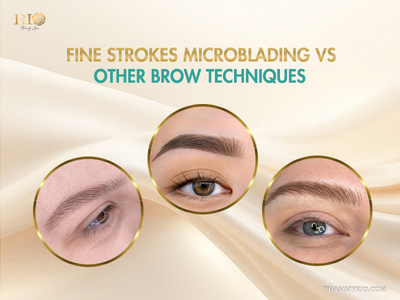 Fine strokes microblading compared to other brow techniques showing various realistic results.
