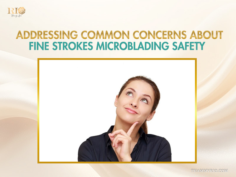 A woman thinking about common concerns and safety of the fine strokes microblading procedure.
