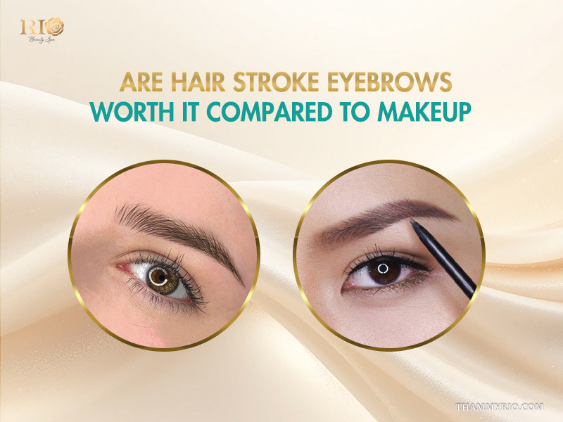 Comparison between hair stroke eyebrows and traditional pencil makeup results.