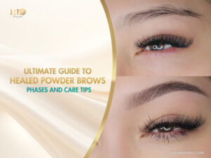 Natural healed powder brows before and after transformation with soft shading.