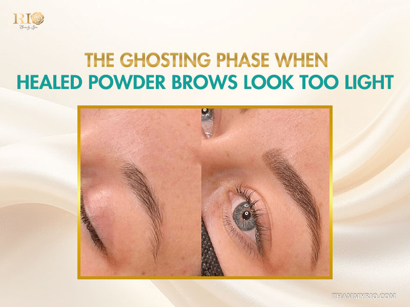 The ghosting phase of healed powder brows when color temporarily fades.