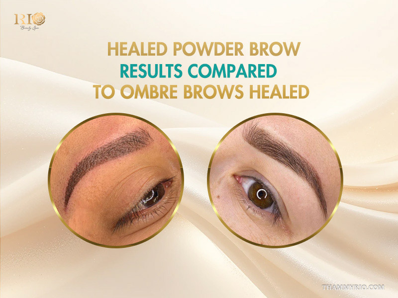 Professional healed powder brows results compared to ombre brows healed finish.