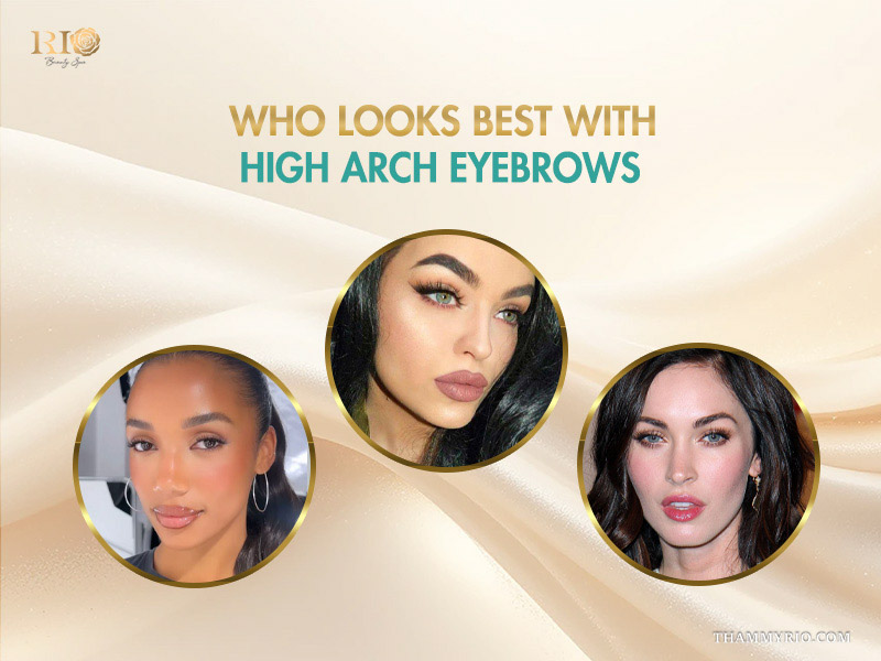 Comparison of different face shapes to see who looks best with high arch eyebrows.