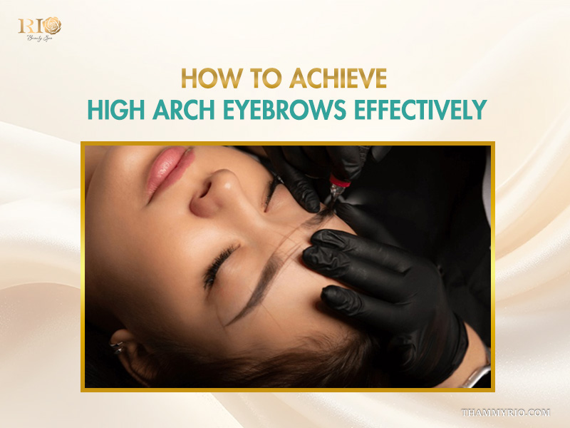 A professional technician performing a permanent makeup procedure to create high arch eyebrows for a client.