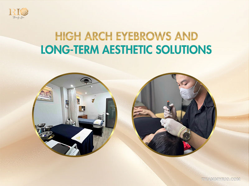 A beauty spa interior and a professional technician performing high arch eyebrows procedure for a client.