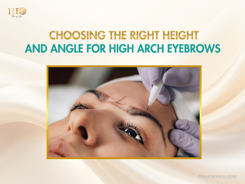 A professional mapping process to determine the perfect height and angle for high arch eyebrows on a client's face.