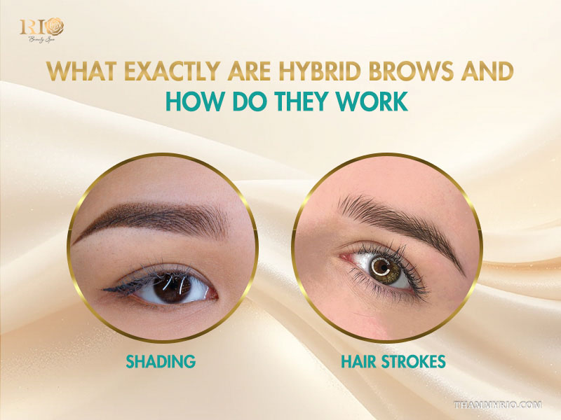 Comparison of shading and hair strokes techniques for creating hybrid brows.