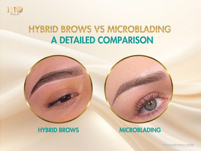 A side by side comparison between hybrid brows and microblading techniques showing different eyebrow results.