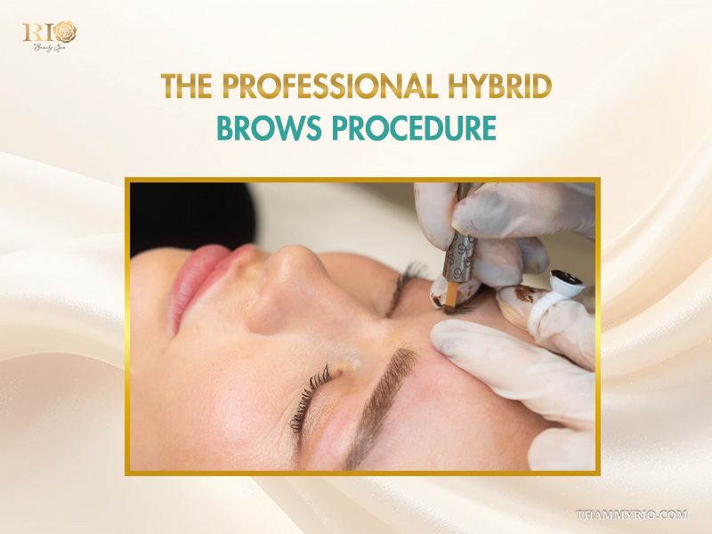 Professional hybrid brows procedure at Rio Beauty Spa showing microblading and shading technique.