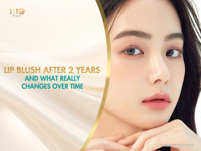 Long-term results of lip blush after 2 years on a woman with natural pink lips.