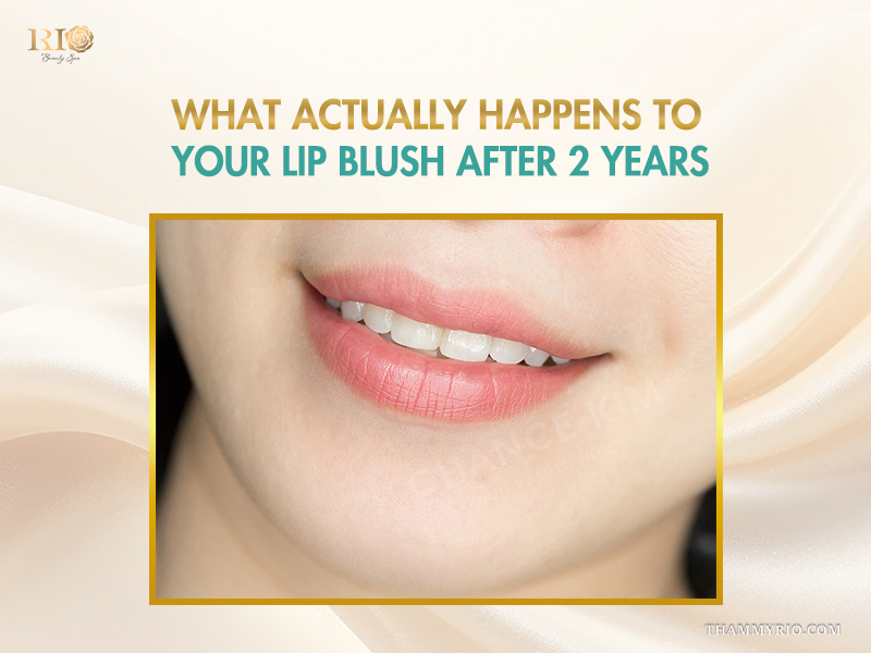 Close-up of natural pink lip blush after 2 years showing soft pigment retention.