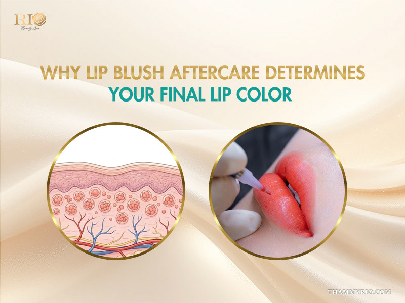 Diagram showing skin layers and pigment placement alongside a lip blushing procedure to explain lip blush aftercare importance.