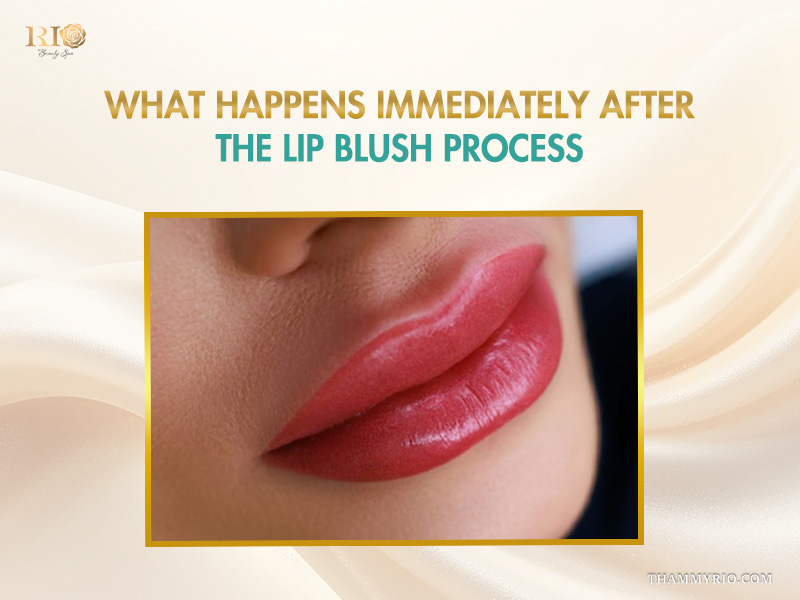 Close-up of vibrant pink lips immediately after lip blush showing the start of the lip blush healing process.