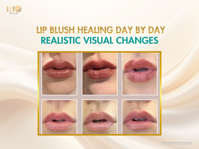 Realistic lip blush healing process day by day showing color changes and peeling.