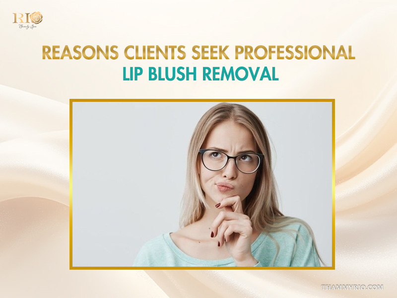 A thoughtful woman considering reasons for professional lip blush removal service.